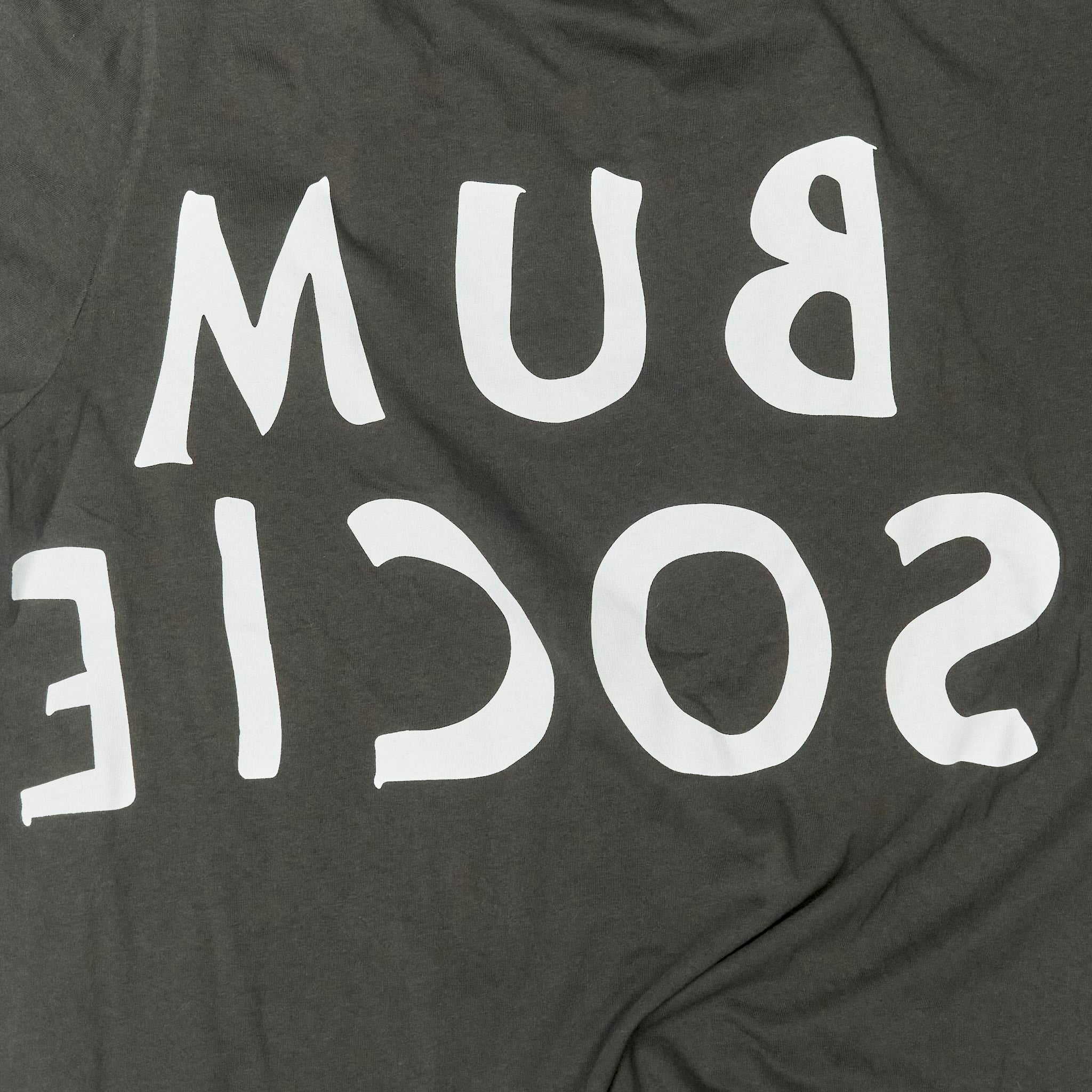 Closed up reversed Bum Society logo t-shirt color:ink