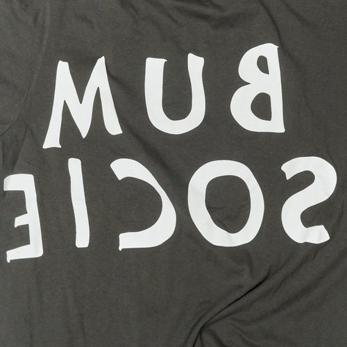 Closed up reversed Bum Society logo t-shirt color:ink