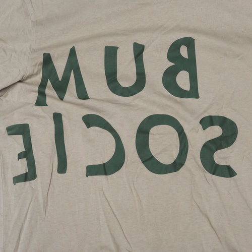 Close up reversed Bum Society logo print color:mud