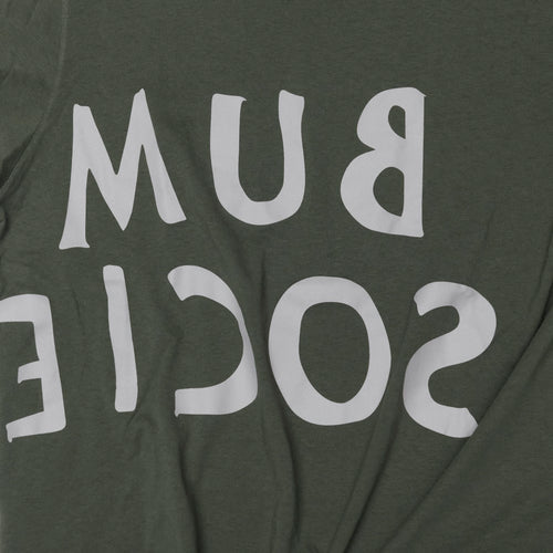 Close-up reversed Bum Society logo print color:cypress