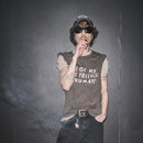 Person wearing a Some Of My Best Friends Are Human t-shirt by Bum Society with sunglasses, and a cap against a dark background color:ink