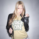 Person wearing an Ongoing t-shirt with Fuck On print by Bum Society and a leather jacket on a plain background color:earth