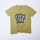 Earth-colored Bum Society t-shirt with cracked Fuck On print front view color:earth