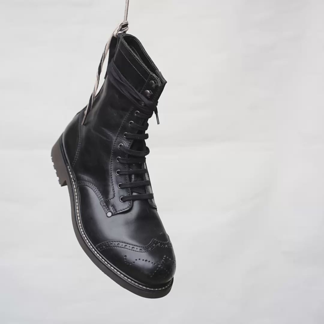 Bum Society Pacifist Hunter Brogue boot Shiny Black spinning view color:shiny black 